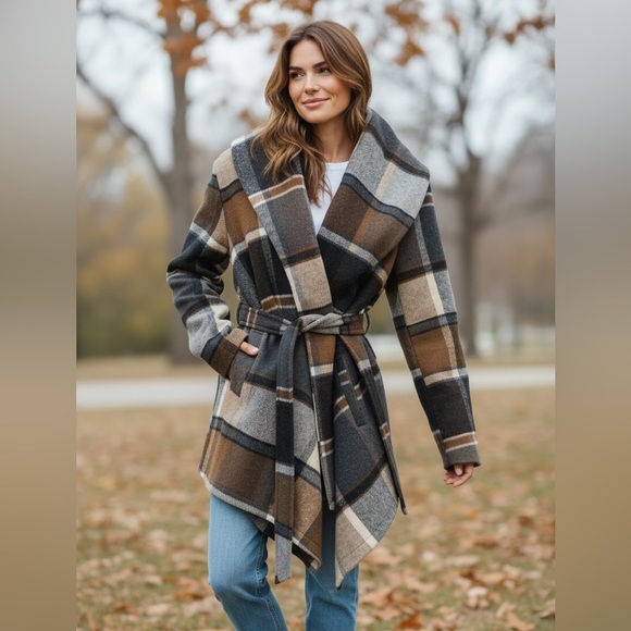 Chicwish Plaid Belted Cape in Black, Brown, and Cream - Picture 1 of 5